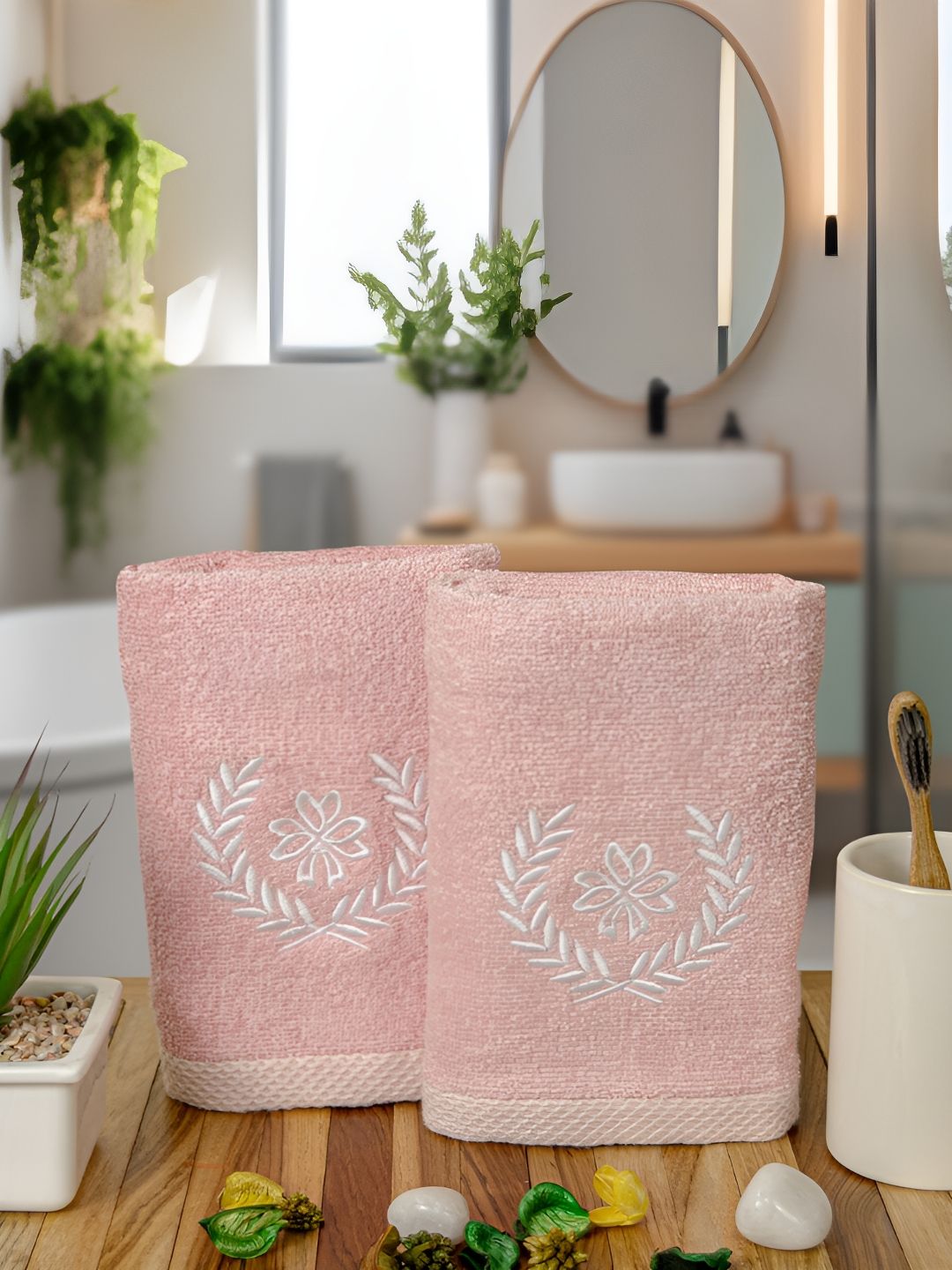 Aura Peach 2 Pieces Printed 550 GSM Quick Dry Hand Towels-image-14