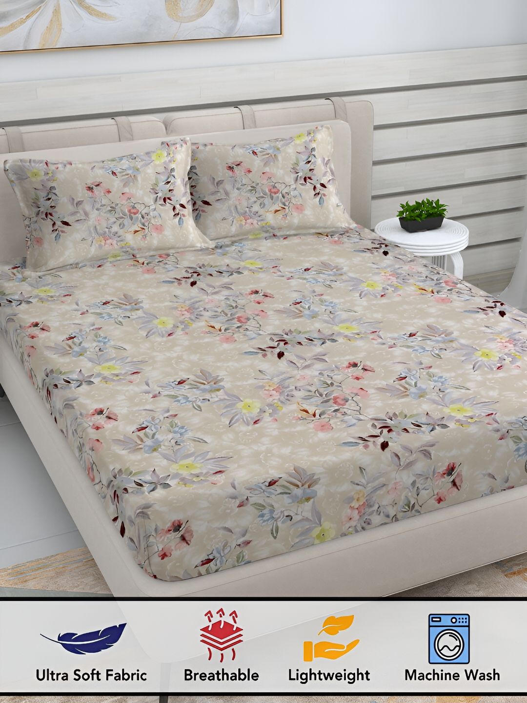 FABINALIV White & Blue Floral Printed 300 TC King Bedsheet with 2 Pillow Covers-picture-11