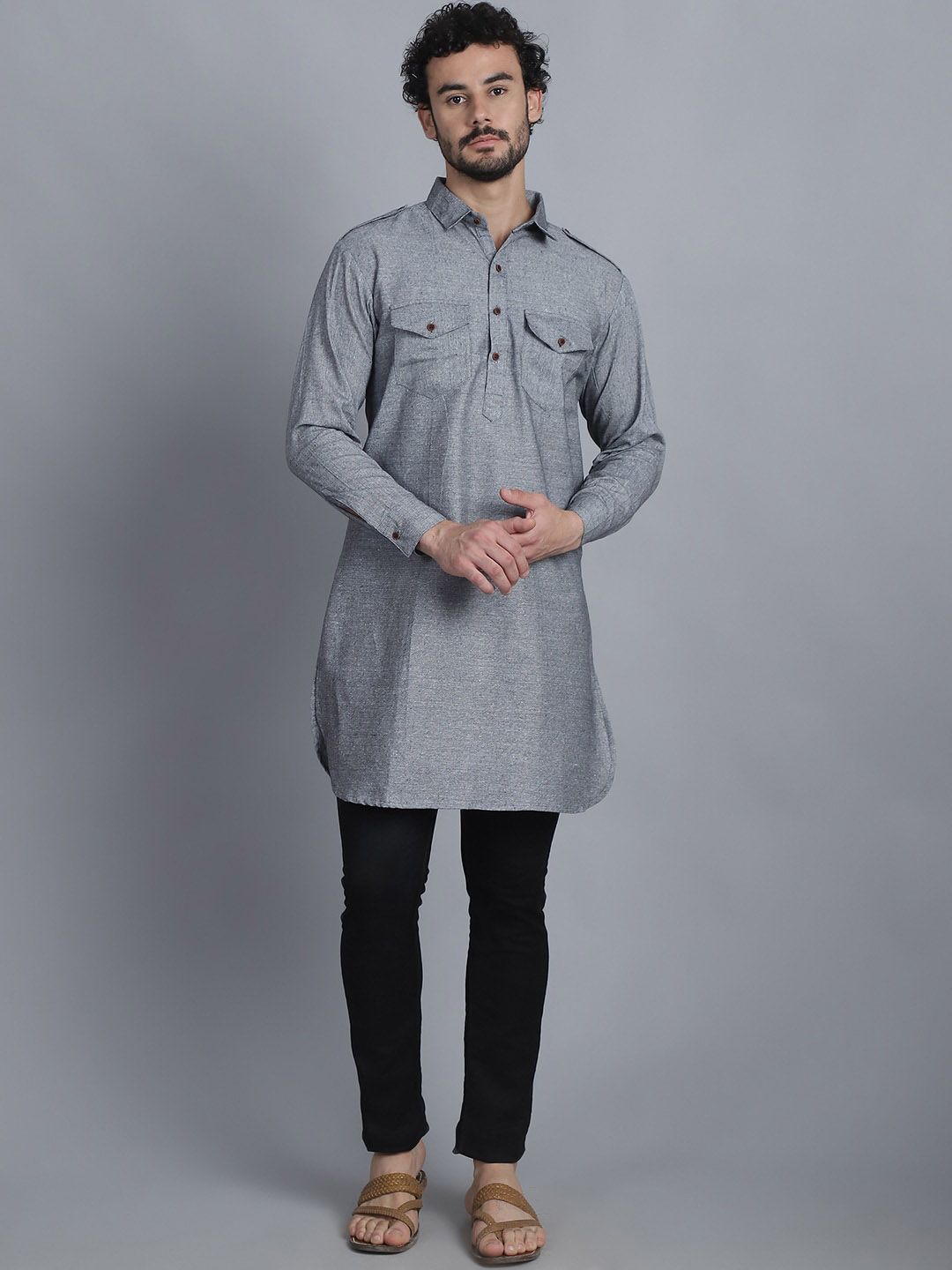 Enchanted Drapes Shirt Collar Roll-Up Sleeves Pure Cotton Pathani Kurta-picture-19