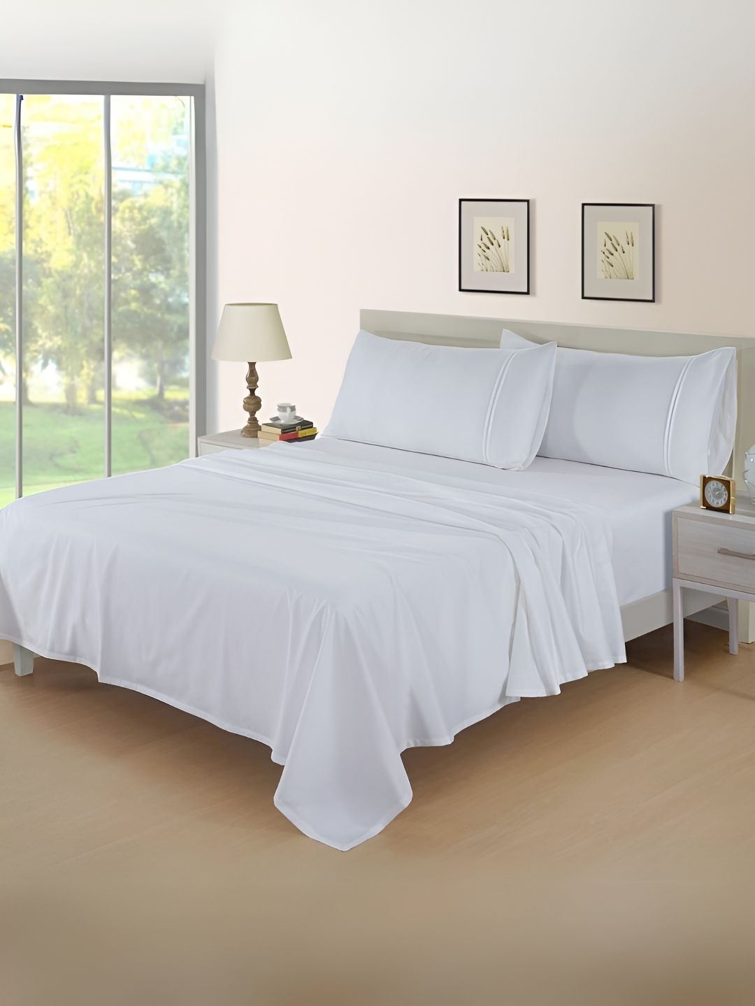 Aurave White 400 TC Fitted Queen Bedsheet With 2 Pillow Covers-image-8