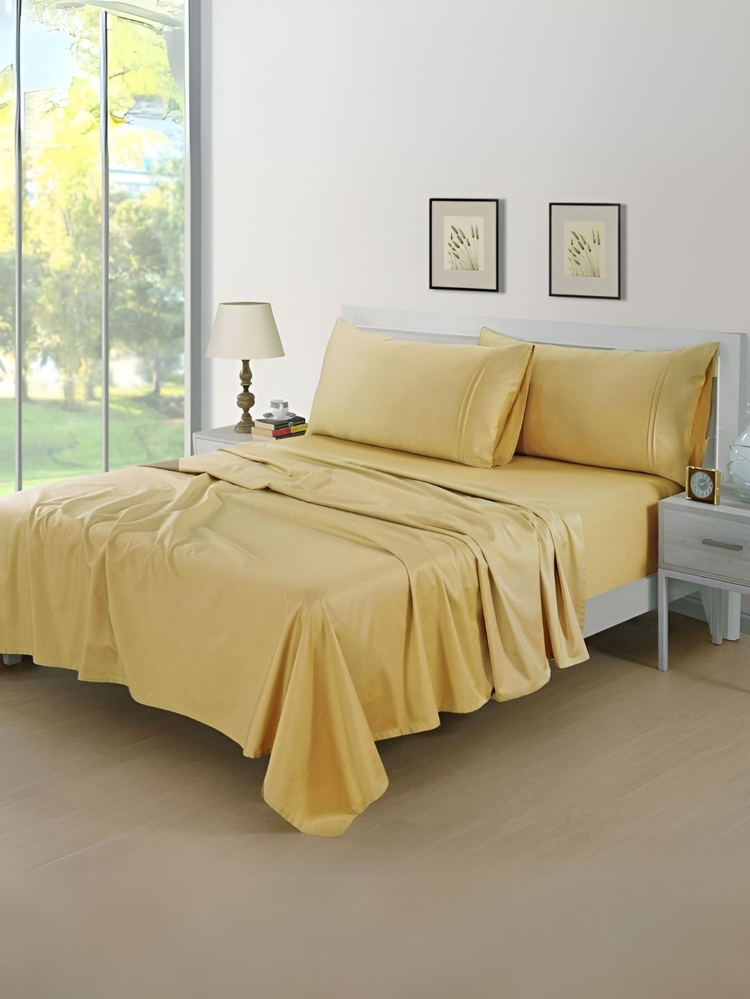 Aurave Gold Toned 400 TC Fitted King Bedsheet With 2 Pillow Covers-picture-26