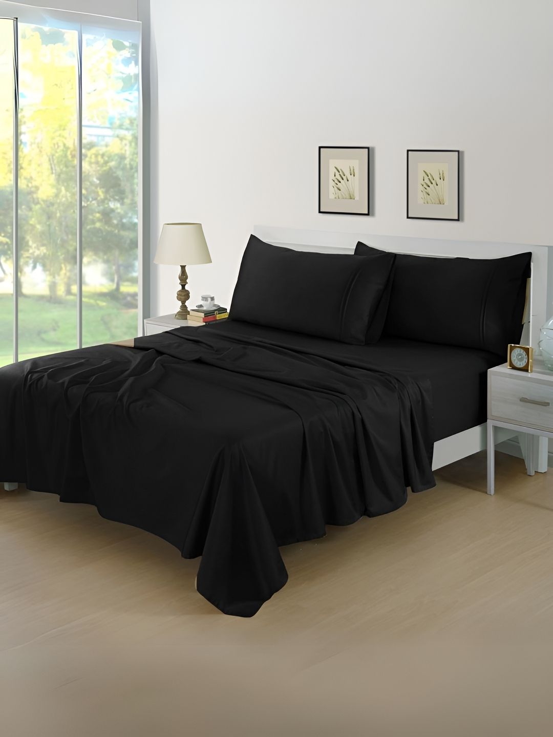 Aurave Rossini Black Cotton 400 TC Fitted Queen Bedsheet with 2 Pillow Covers-picture-25