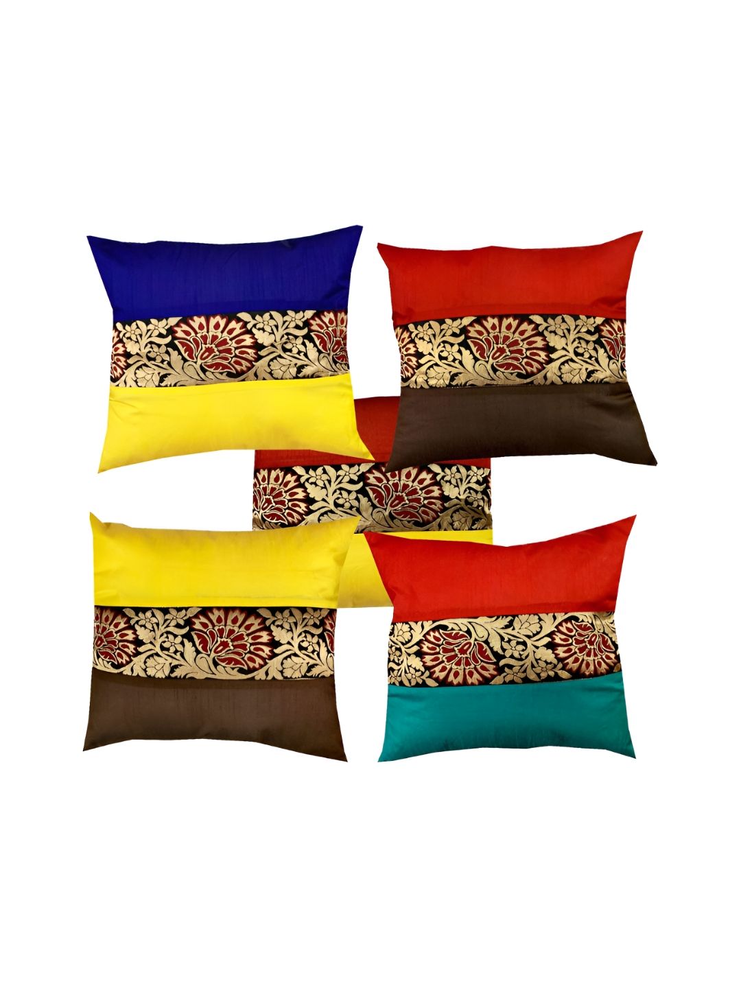 Pink Parrot Yellow & Red 5 Pcs Ethnic Motifs Square Cushion Covers-picture-24