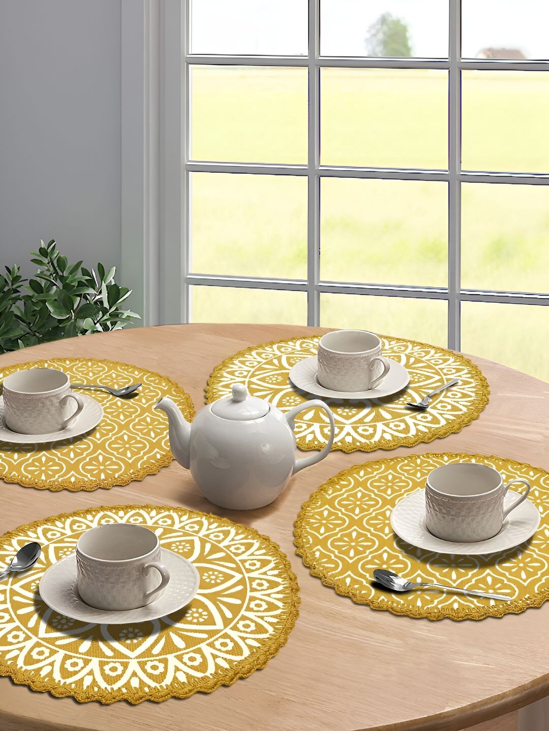 Saral Home 4-Pcs Yellow & White Printed Cotton Anti Skid Table Placemats-image-26