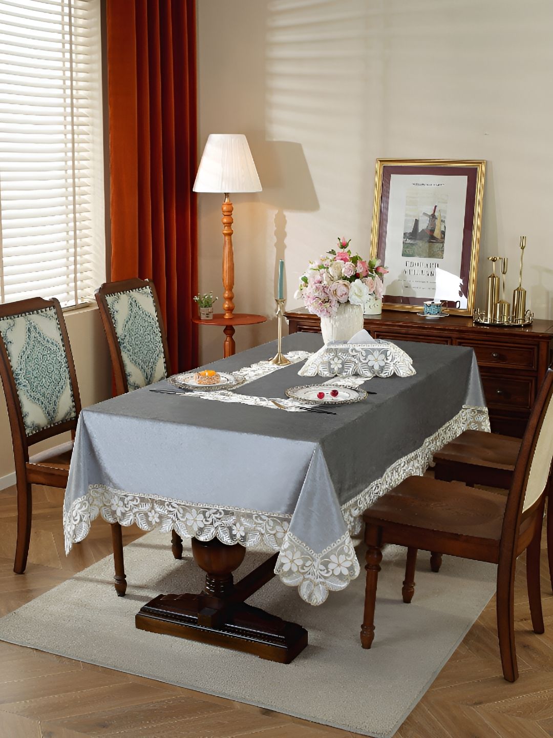 MONKDECOR Grey Floral Anti-Skid 6-Seater Velvet Table Cover with Embroidered details-picture-55