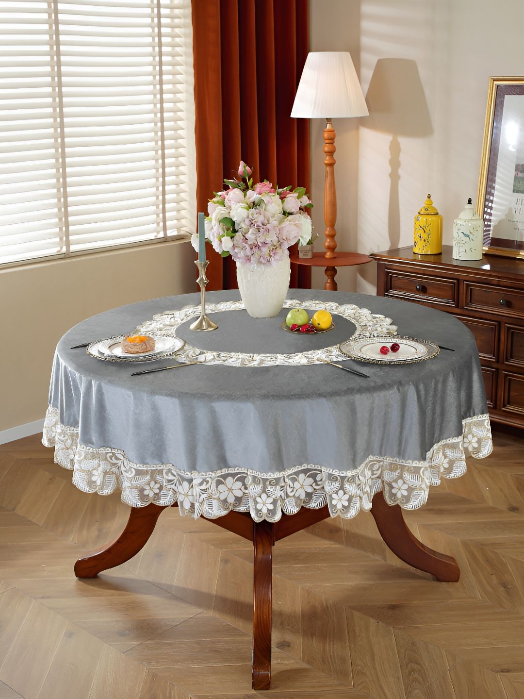 MONKDECOR Grey & White Floral Round 4-Seater Table Cover with Embroidered details-picture-15