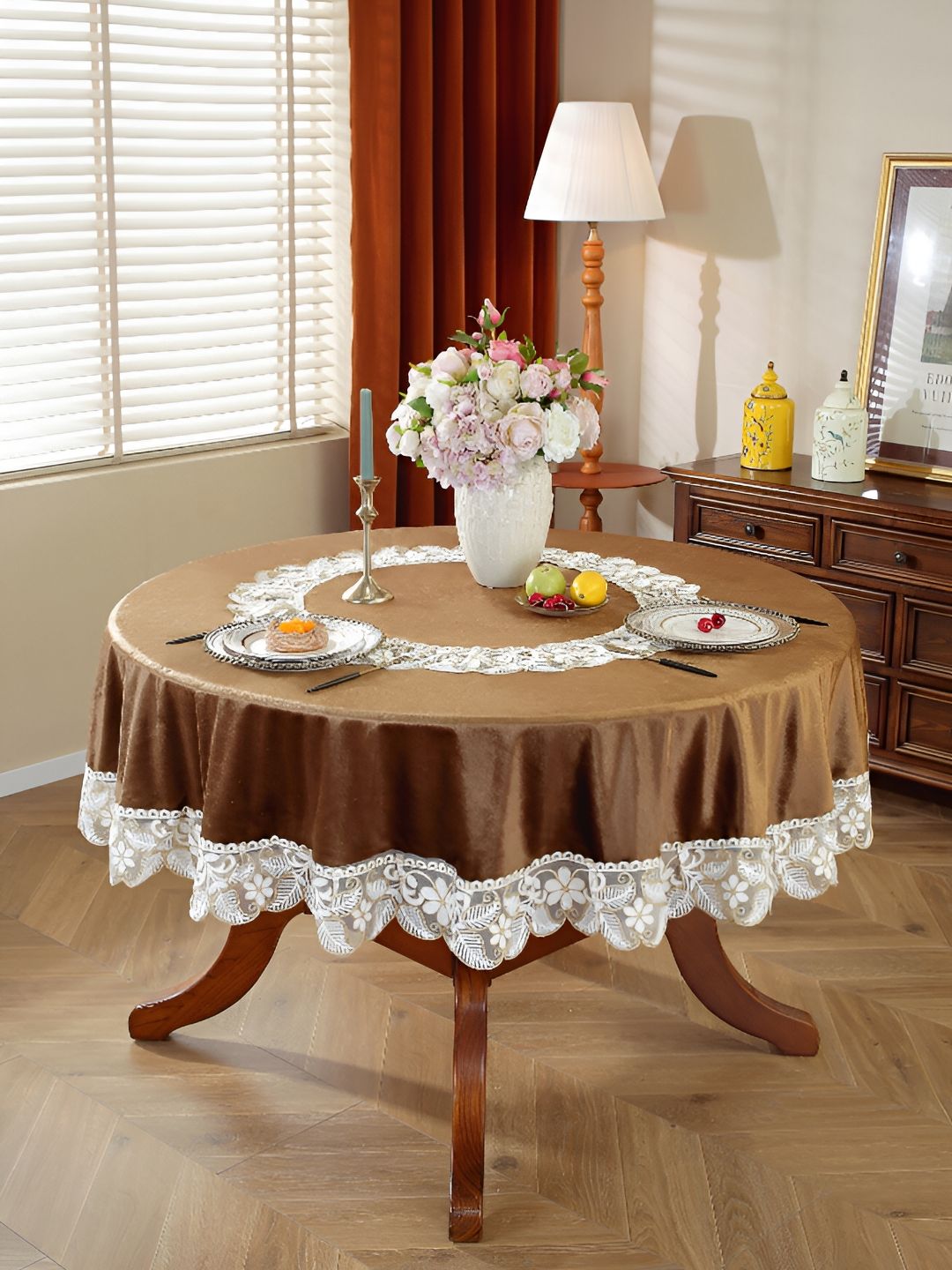 MONKDECOR Brown & White Floral Round 4-Seater Table Cover with Embroidered details-picture-14