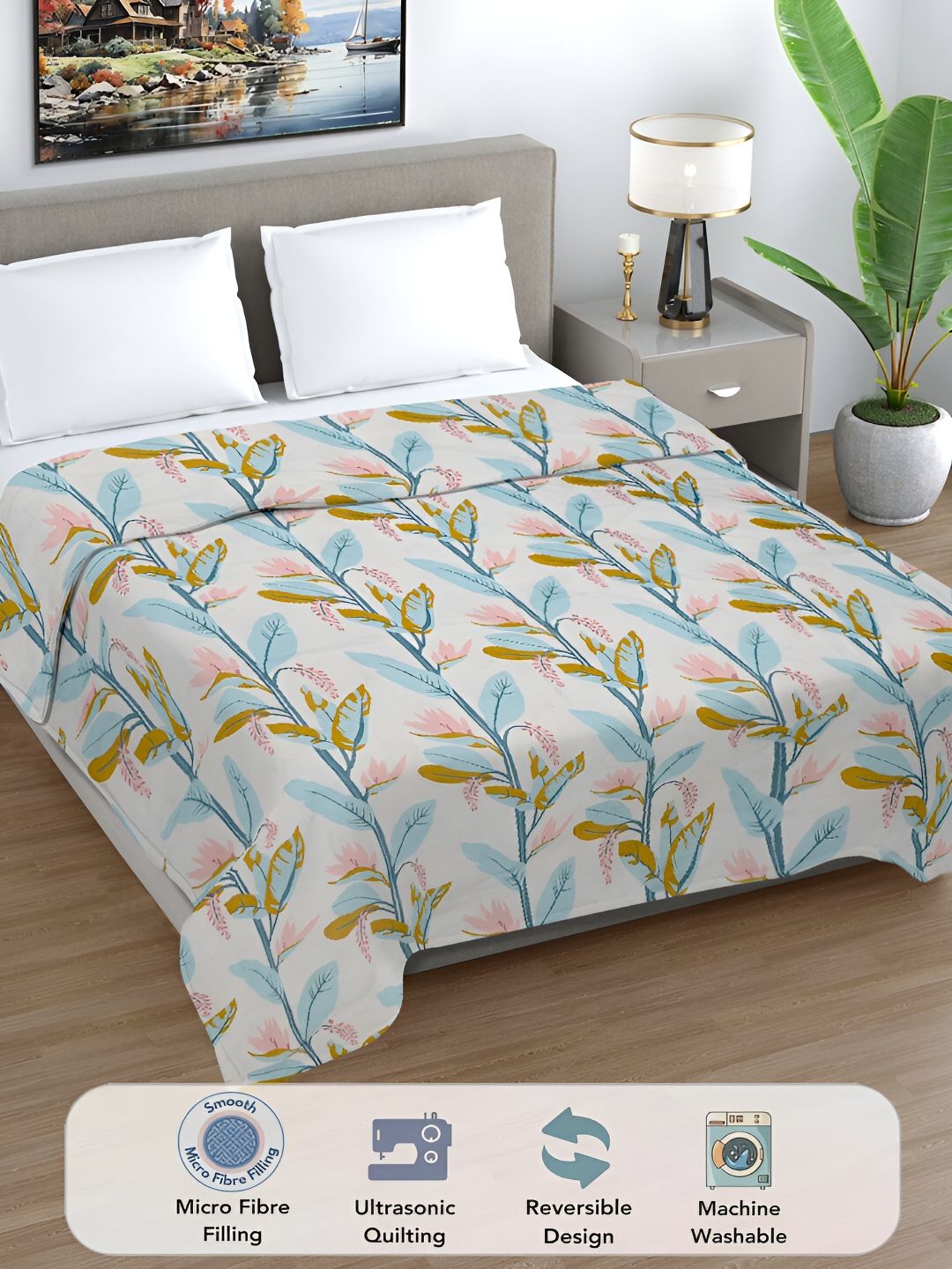 FABINALIV White & Green Floral Printed AC Room 350 GSM Double Bed Comforter-picture-40