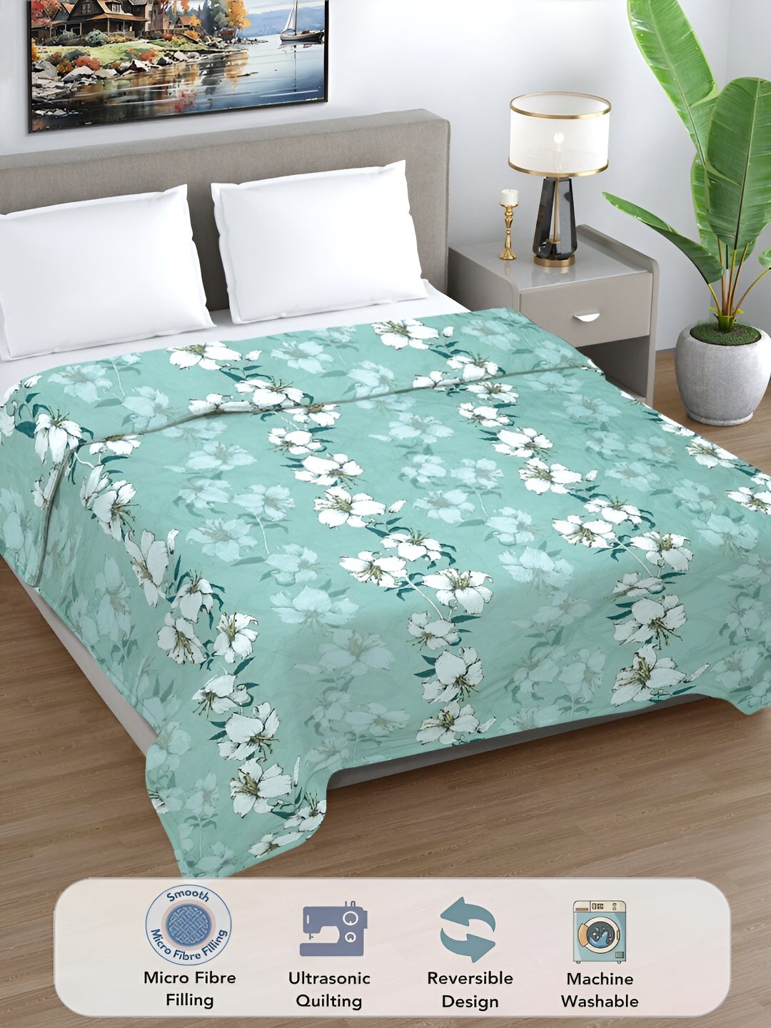 FABINALIV Green & White Floral Printed AC Room 350 GSM Double Bed Comforter-picture-15