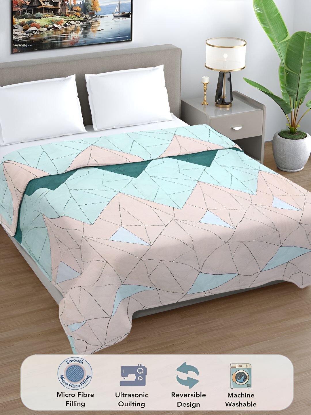 FABINALIV Green & Peach-Coloured Geometric Printed AC Room 350 GSM Double Bed Comforter-picture-34