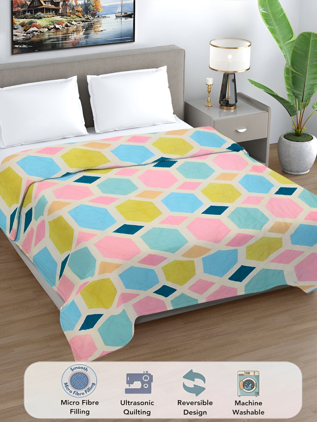 FABINALIV Green & Pink Geometric Printed AC Room 350 GSM Double Bed Comforter-picture-18