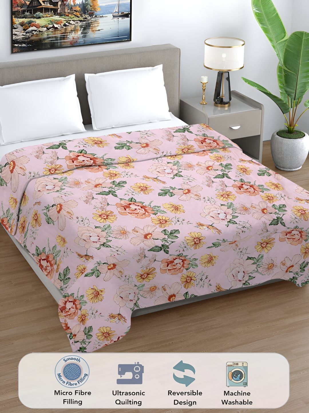 FABINALIV Green & Pink Floral Printed AC Room 350 GSM Double Bed Comforter-picture-33