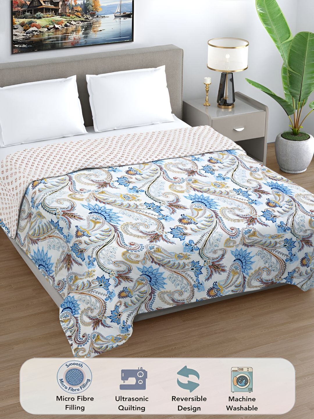 FABINALIV Cream-Coloured & Blue Floral Printed AC Room 350 GSM Double Bed Comforter-picture-44
