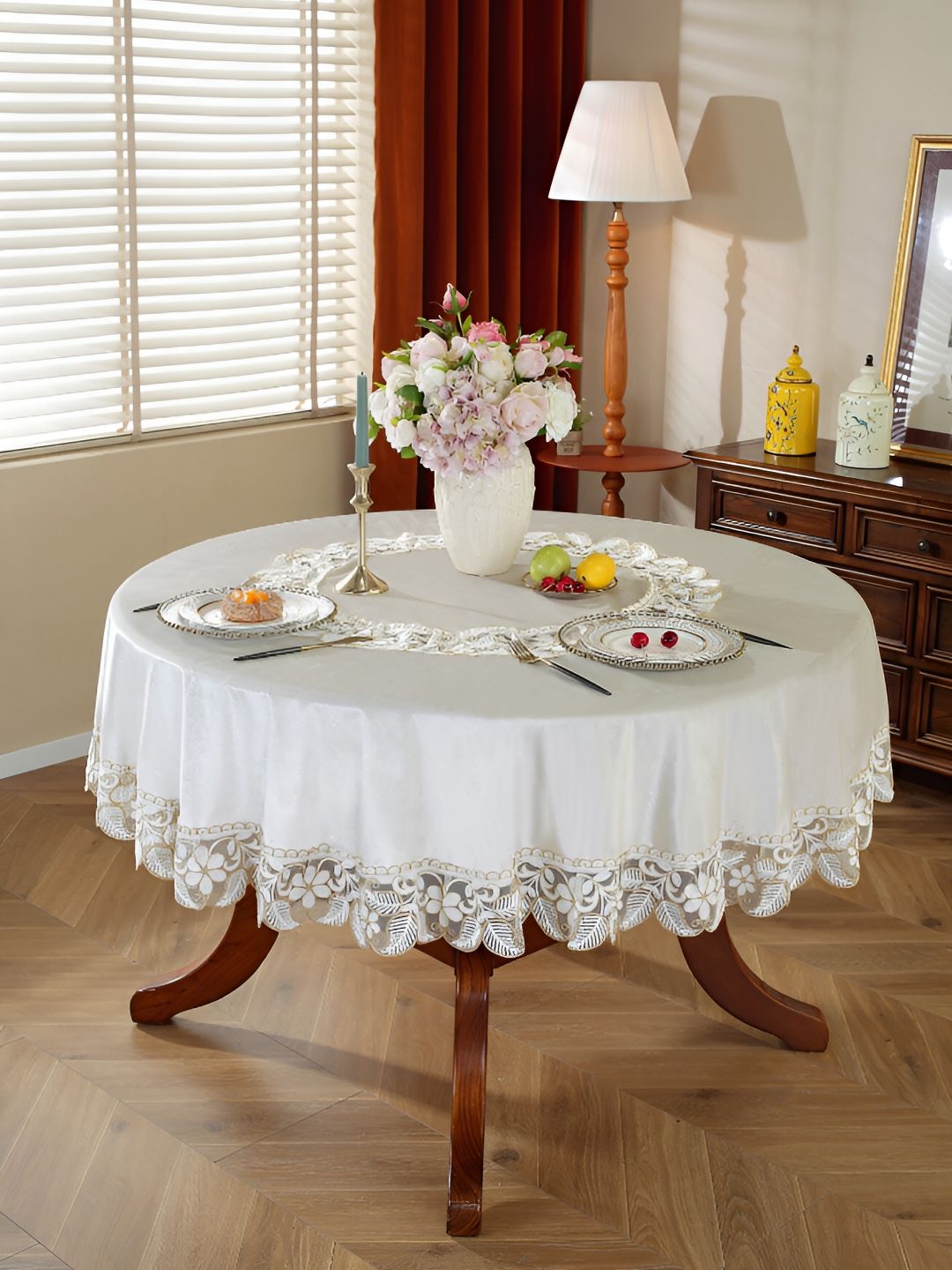 TANLOOMS White Floral Anti-Skid Round 4-Seater Table Cover with Embroidered details-picture-16
