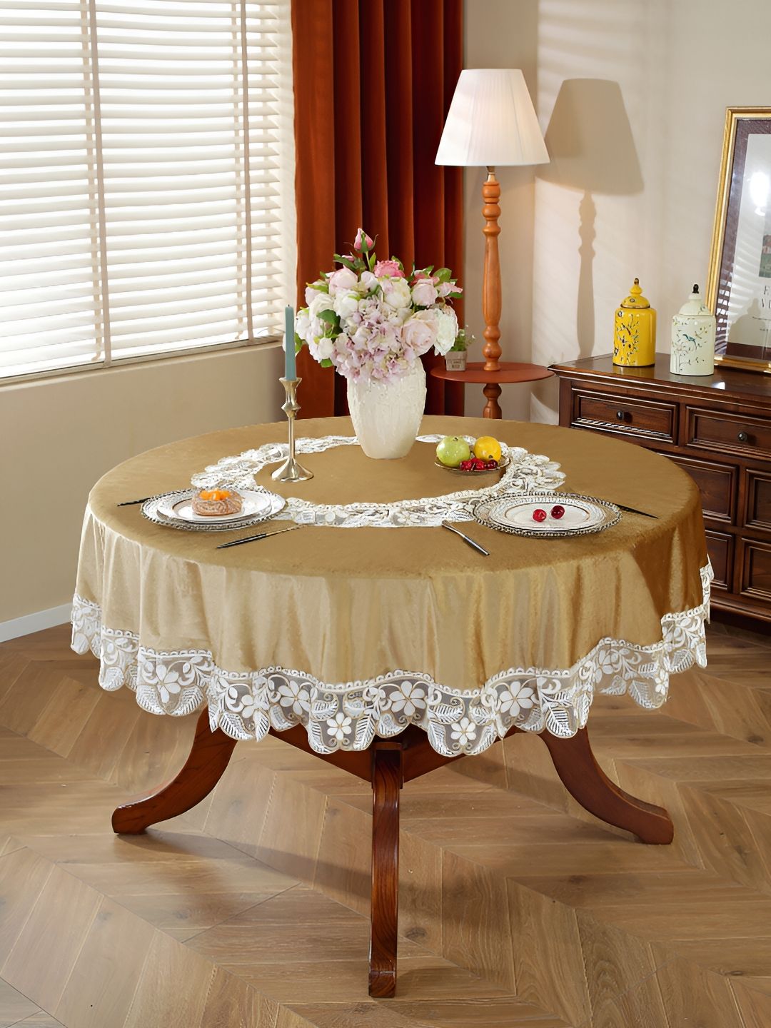 TANLOOMS Gold-Toned Floral Anti-Skid Round 4-Seater Table Cover with Embroidered details-image-13