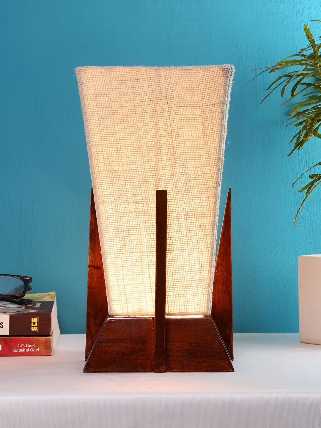 Devansh White Wooden Textured Contemporary Triangle Shaped Table Lamp-image-36