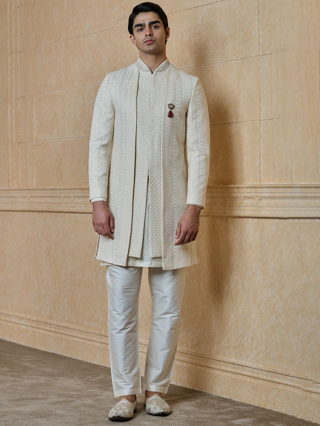 Tasva Sequence Embroidered Sequinned Mandarin Collar Sherwani-image-33