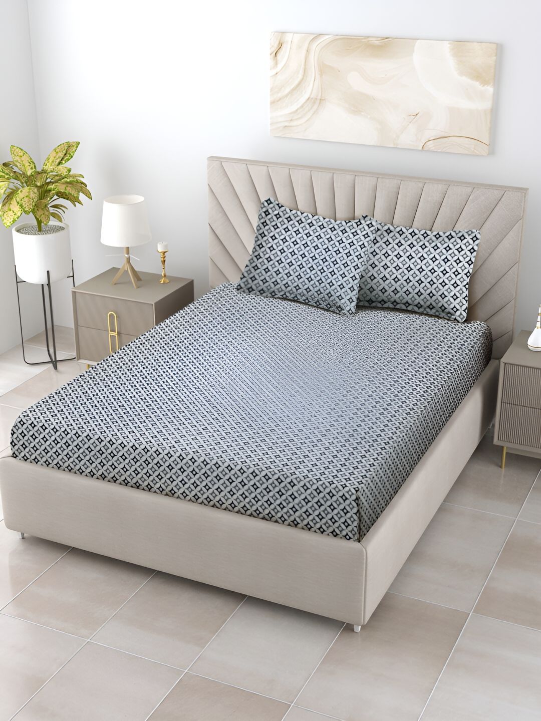 ratan cart TARAN LIVING Charcoal & White Floral 130 TC Cotton Queen Bedsheet with 2 Pillow Covers-picture-10