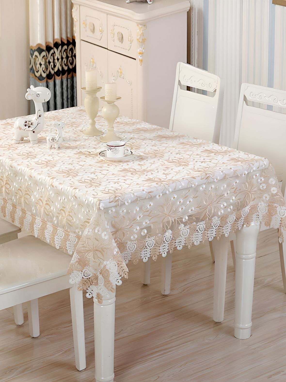 TANLOOMS White & Beige Floral Embroidered 4-Seater Table Cover