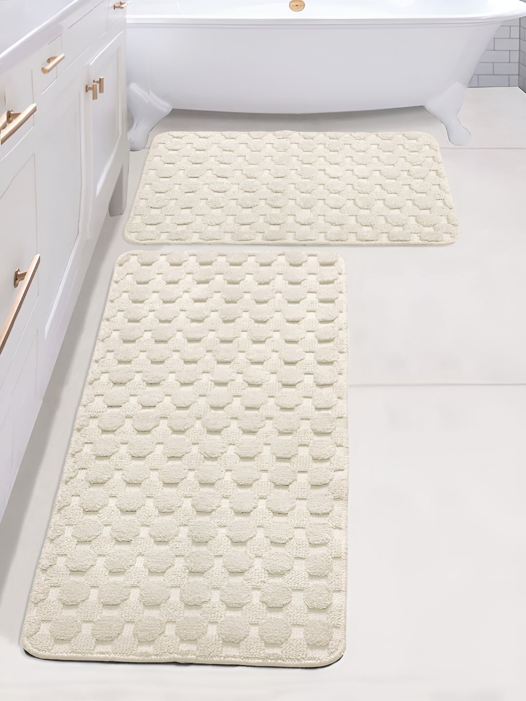 Saral Home Off White 2 Pieces Textured 3000 GSM Cotton Antiskid Bath Mat & Runner-image-26
