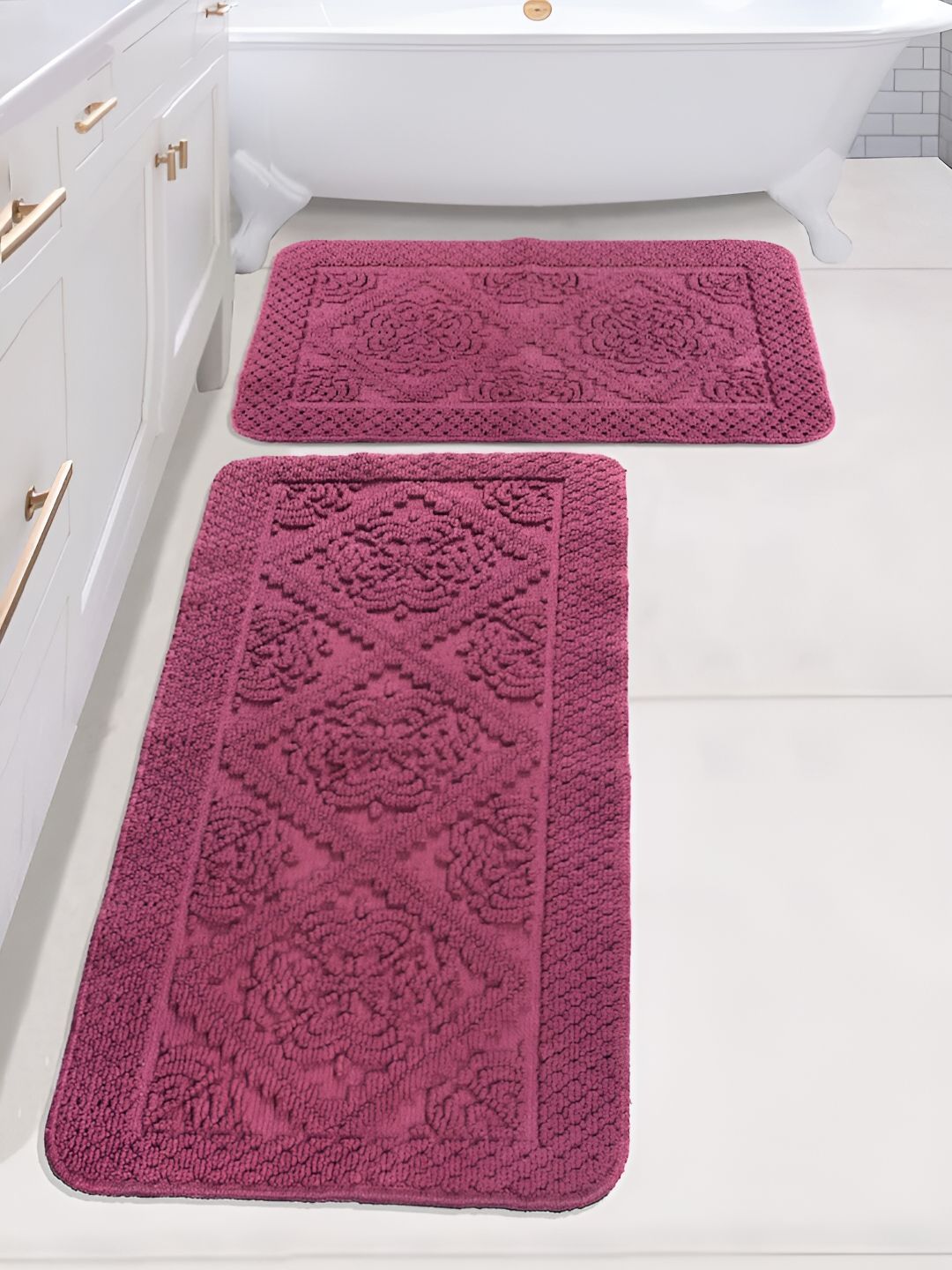 Saral Home Maroon 2 Pieces Textured 1902 GSM Cotton Antiskid Bath Mat & Runner-picture-42