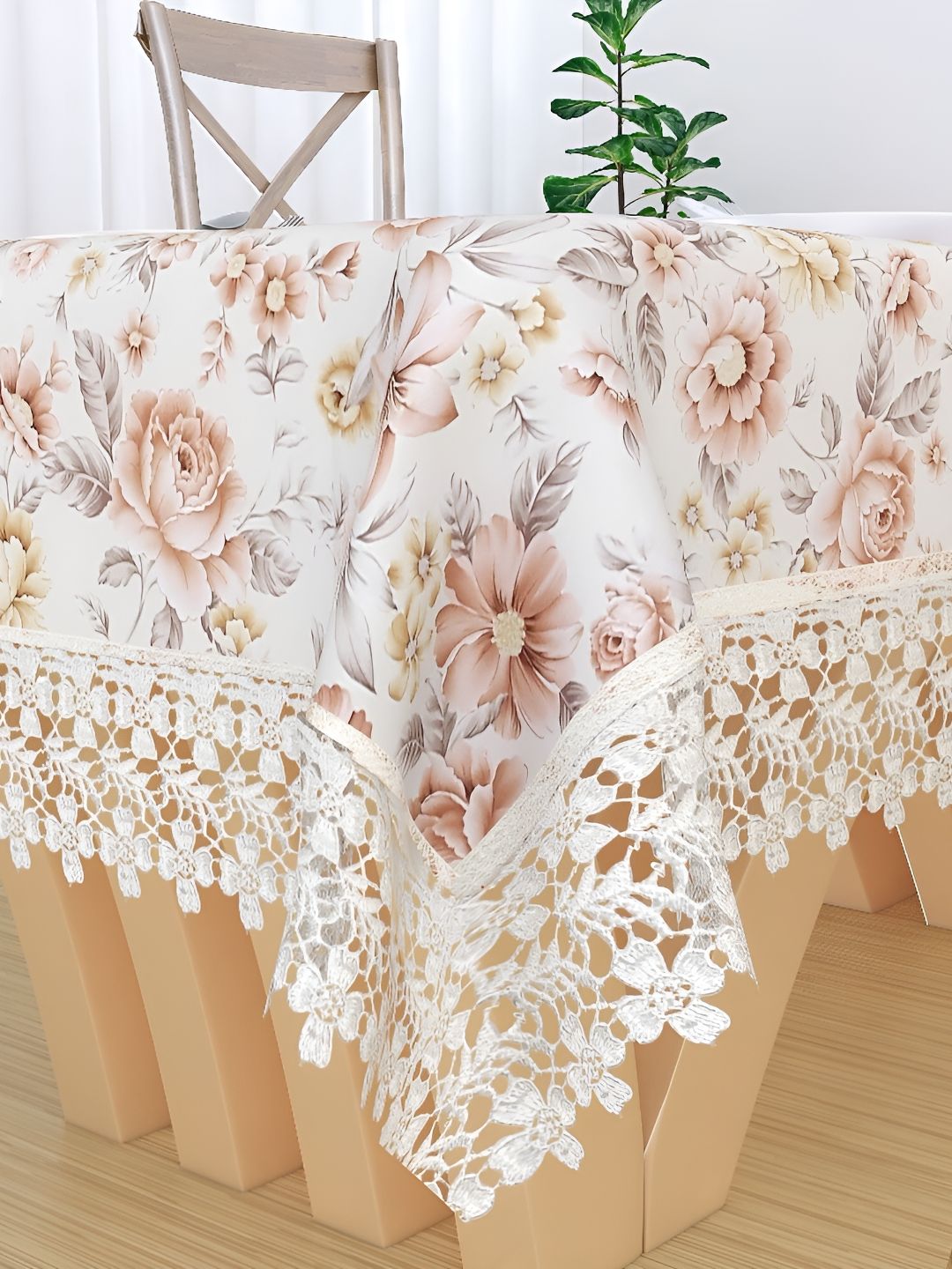 TANLOOMS Off White Floral Cotton Textured 6-Seater Table Cover-image-20