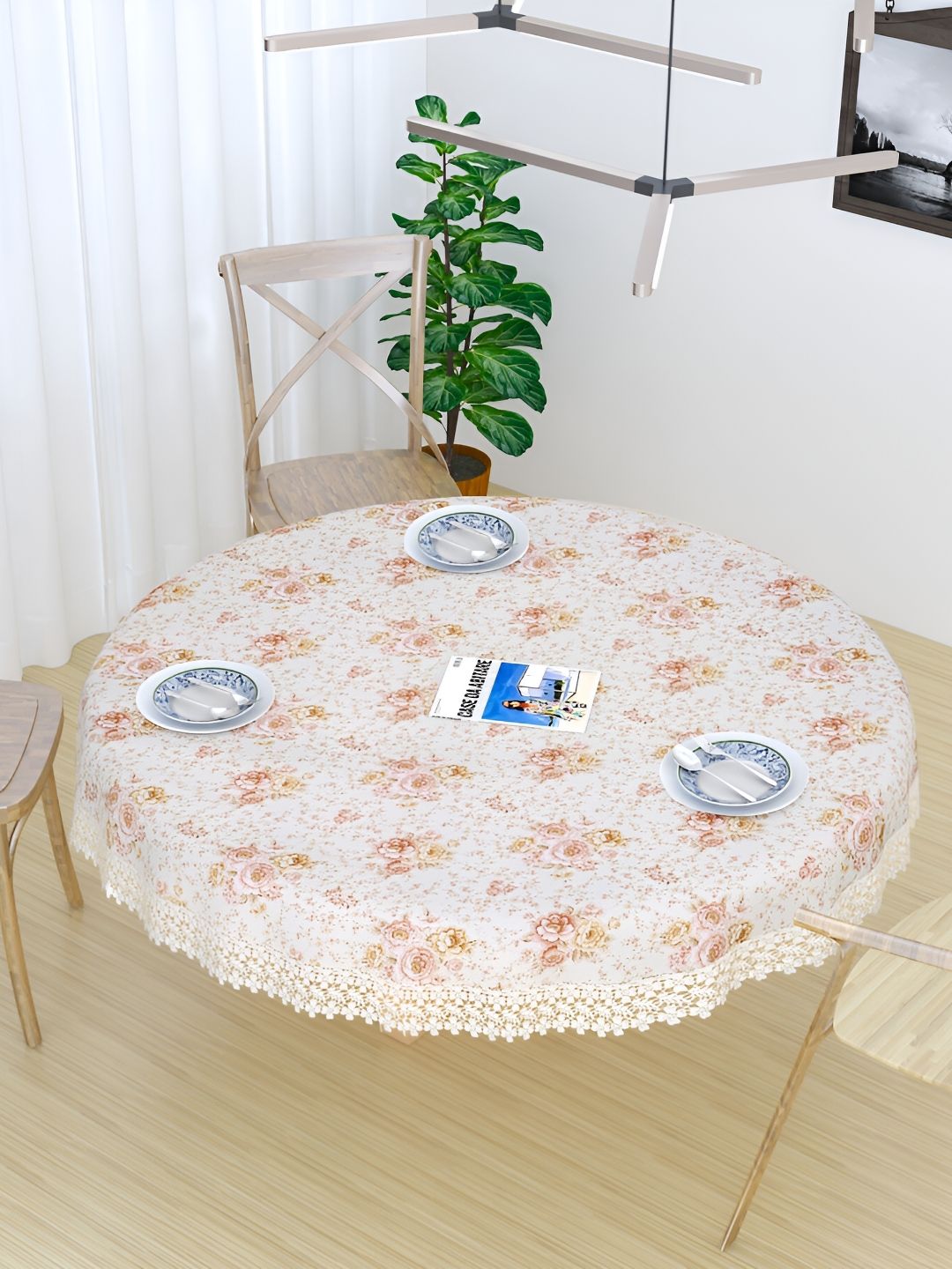 TANLOOMS White & Peach Floral Cotton Textured Round 2-Seater Table Cover-picture-8