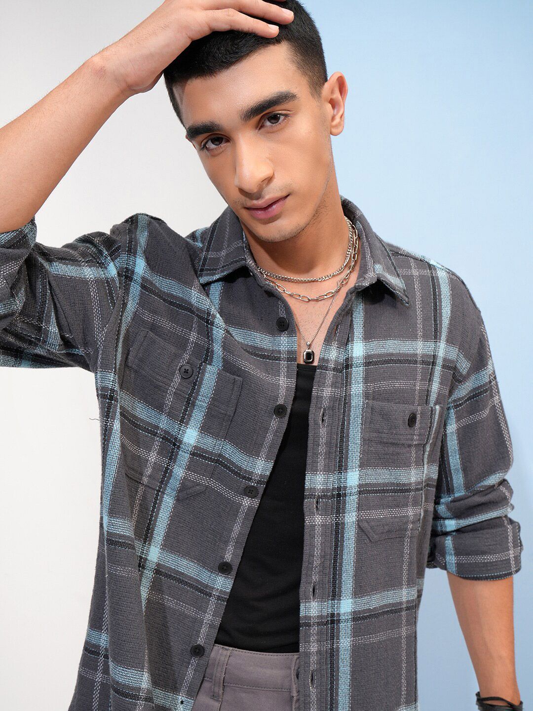 HIGHLANDER Tartan Checks Spread Collar Long Sleeves Cotton Oversized Casual Shirt-picture-14