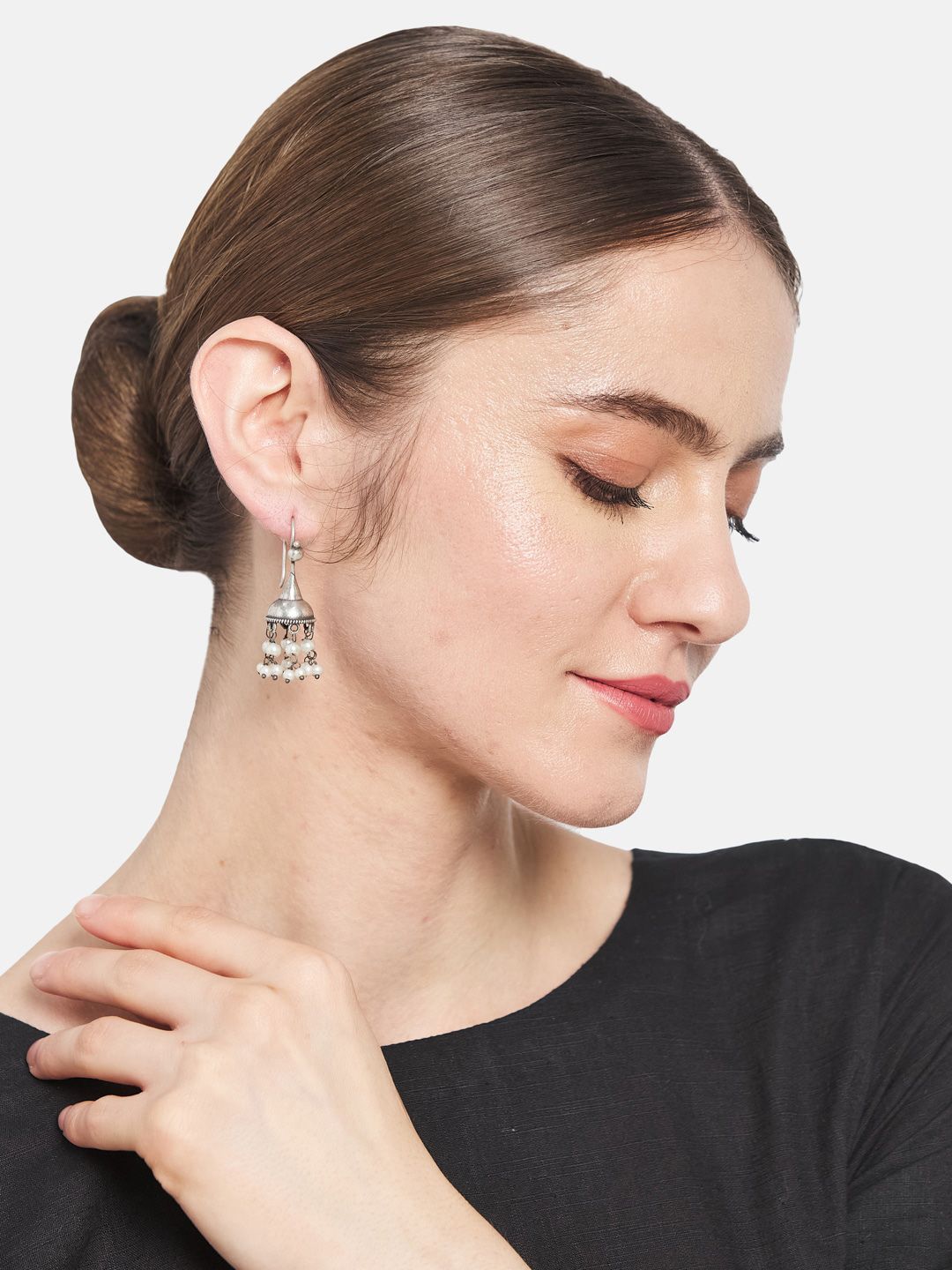 ATIBELLE Set Of 2 German Silver Plated Jhumkas & Studs Earrings