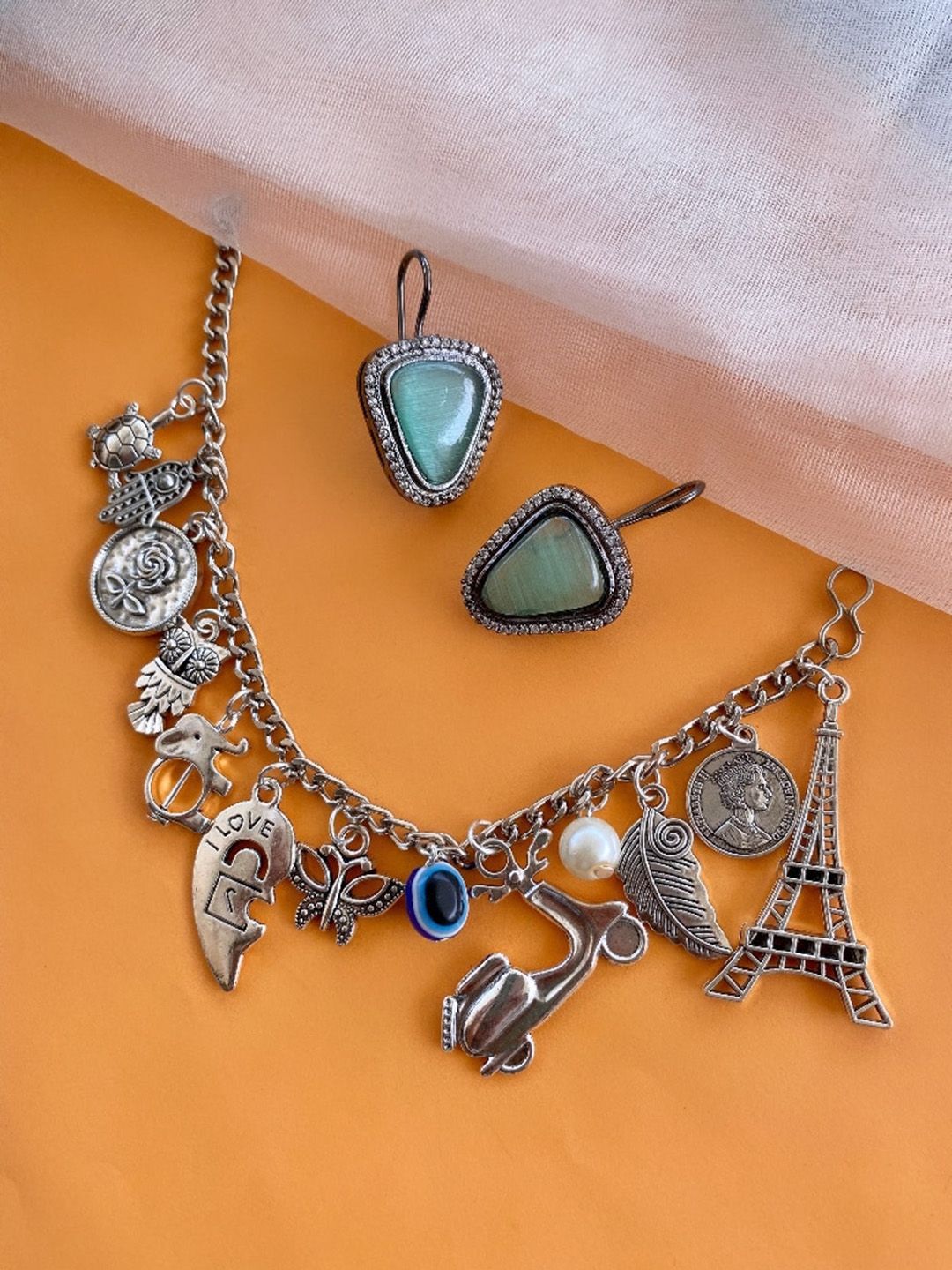 ATIBELLE Silver-Plated Turquoise Charm stone Studded Jewellery Set