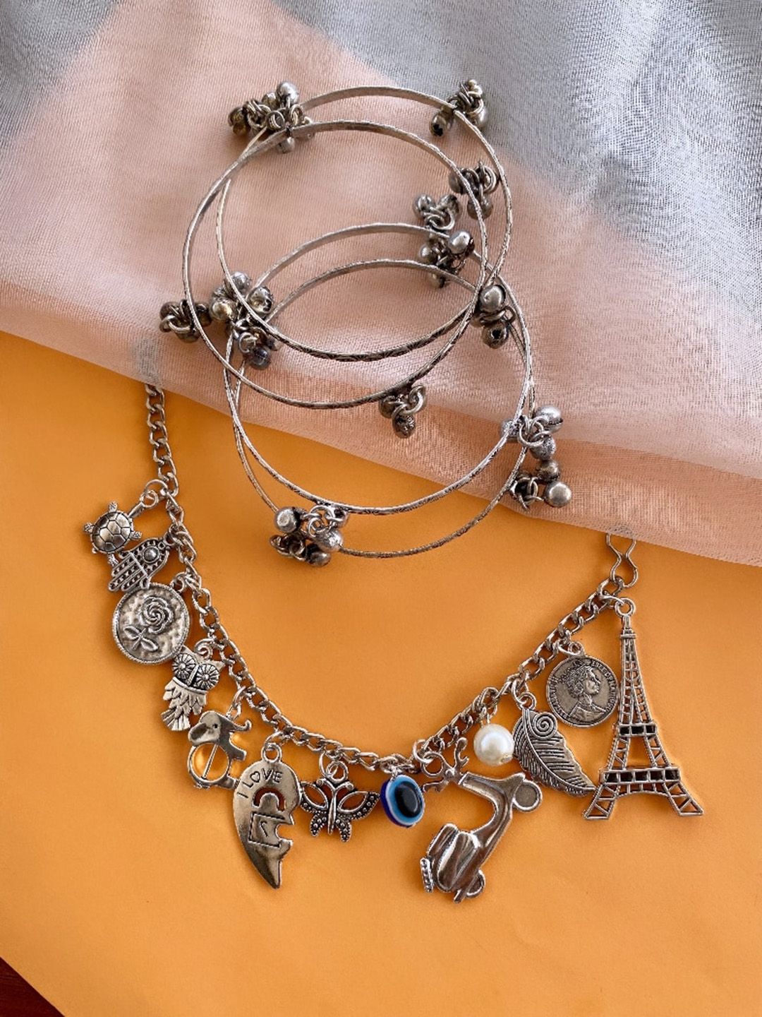 ATIBELLE Silver Plated Floral Shaped Beaded Jewellery Set