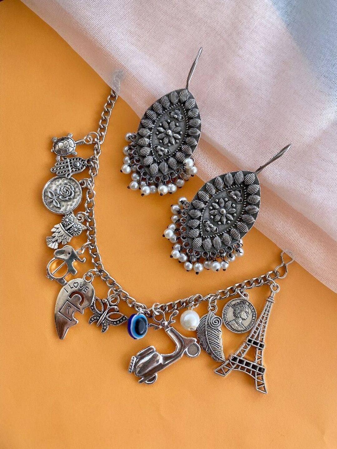 ATIBELLE Silver Plated Beaded Bracelet & Earrings Jewellery Set