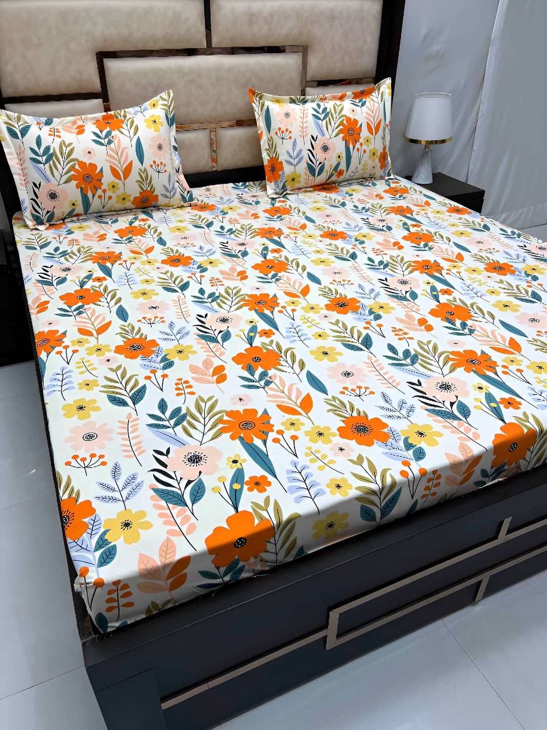 Pure Decor White & Orange Floral Cotton 250 TC King Bedsheet with 2 Pillow Covers-picture-52