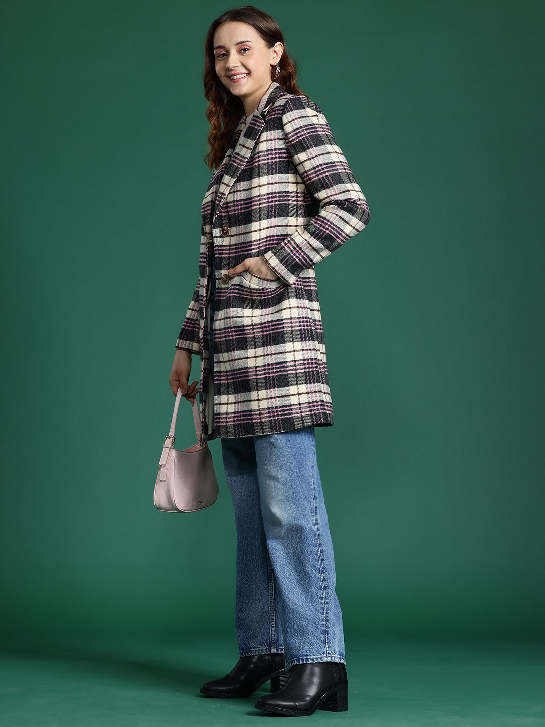 DressBerry Notched Lapel Checked Longline Overcoat