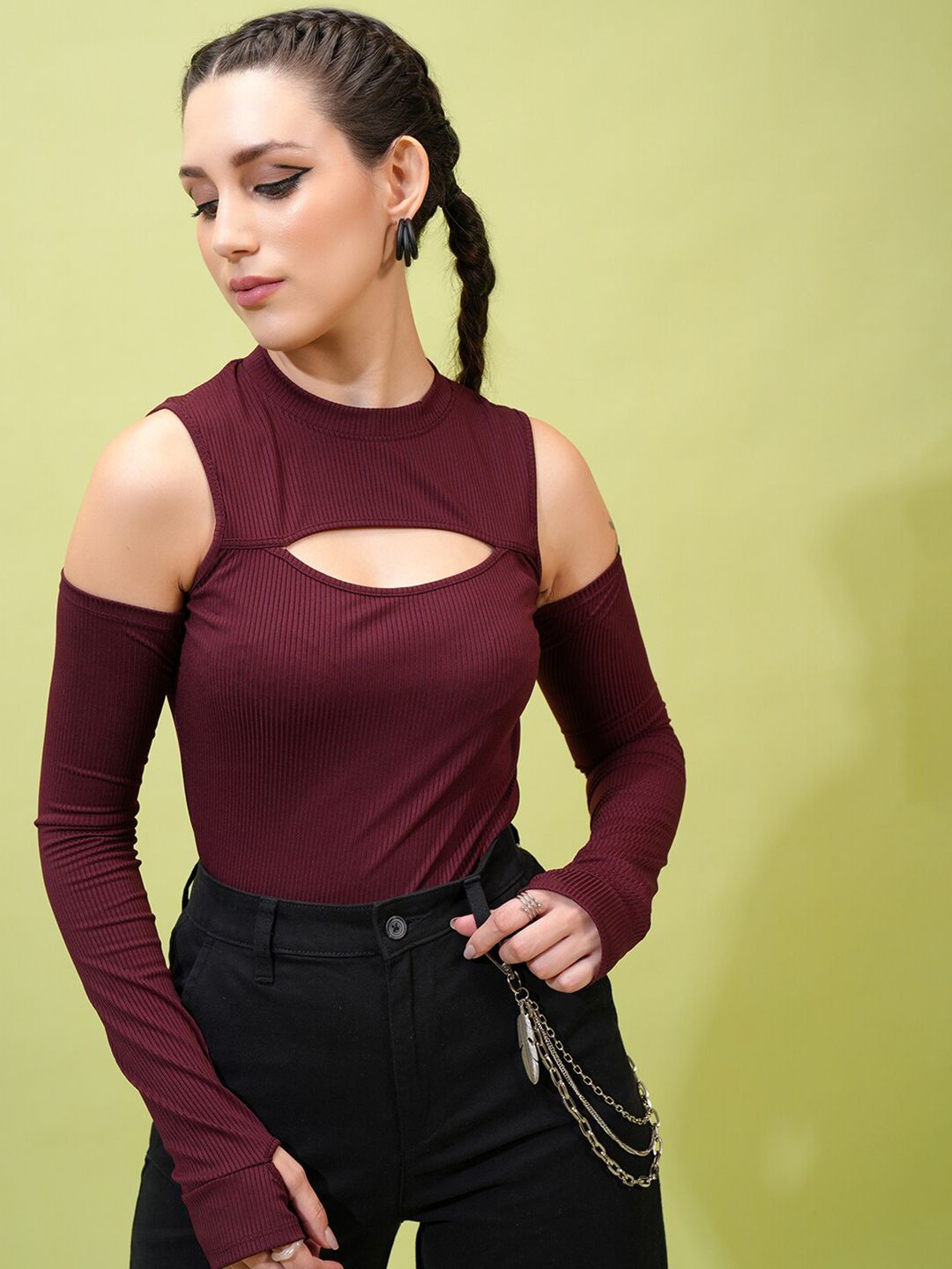 Tokyo Talkies Round Neck Long Cold Shoulder Sleeves Bodysuit-image-39