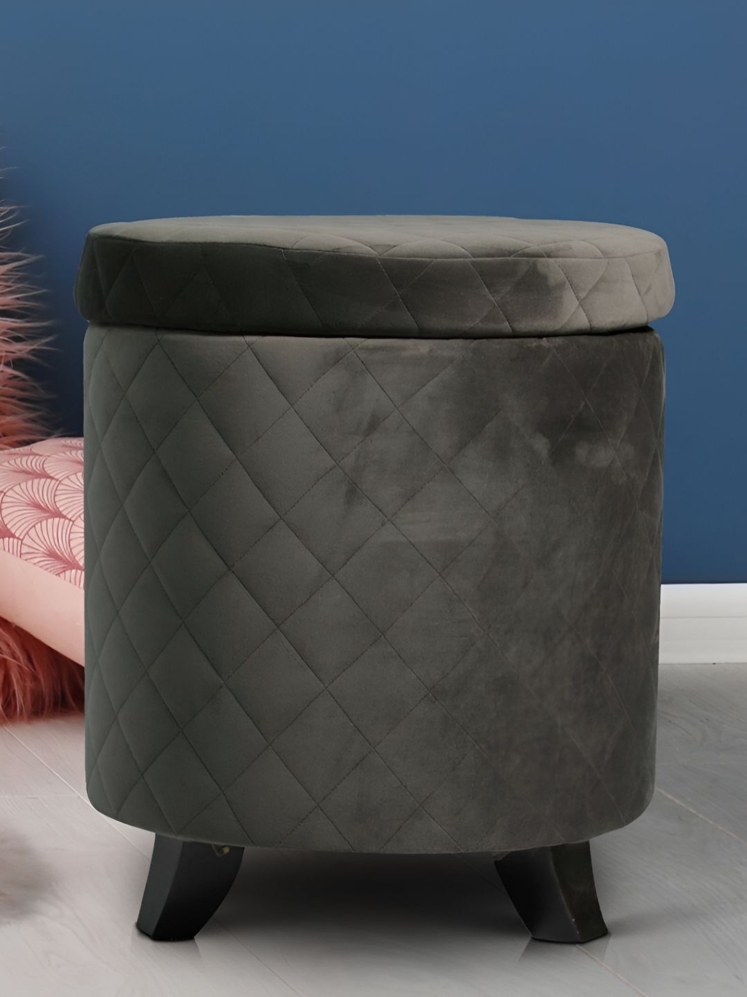 Ikiriya Grey Quilted Orlando Wooden Cylindrical Pouffe Ottoman-image-16