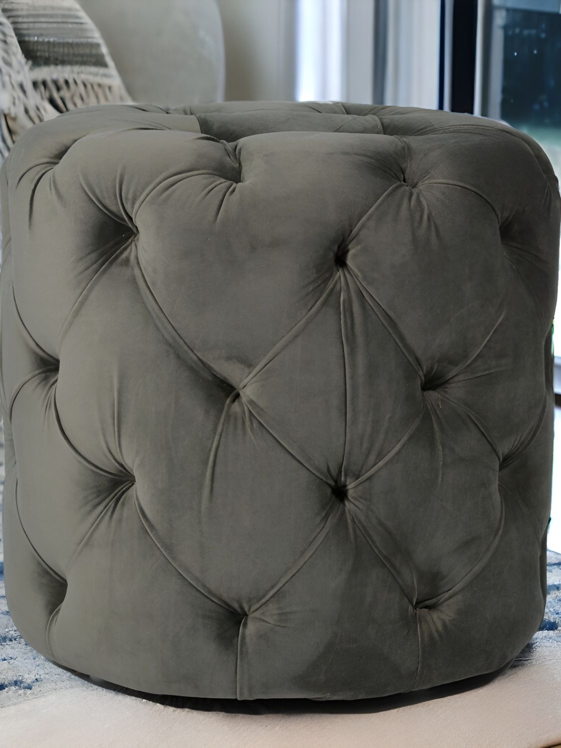 Ikiriya Grey Quilted Dallas Wooden Cylindrical Pouffe Ottoman-picture-35