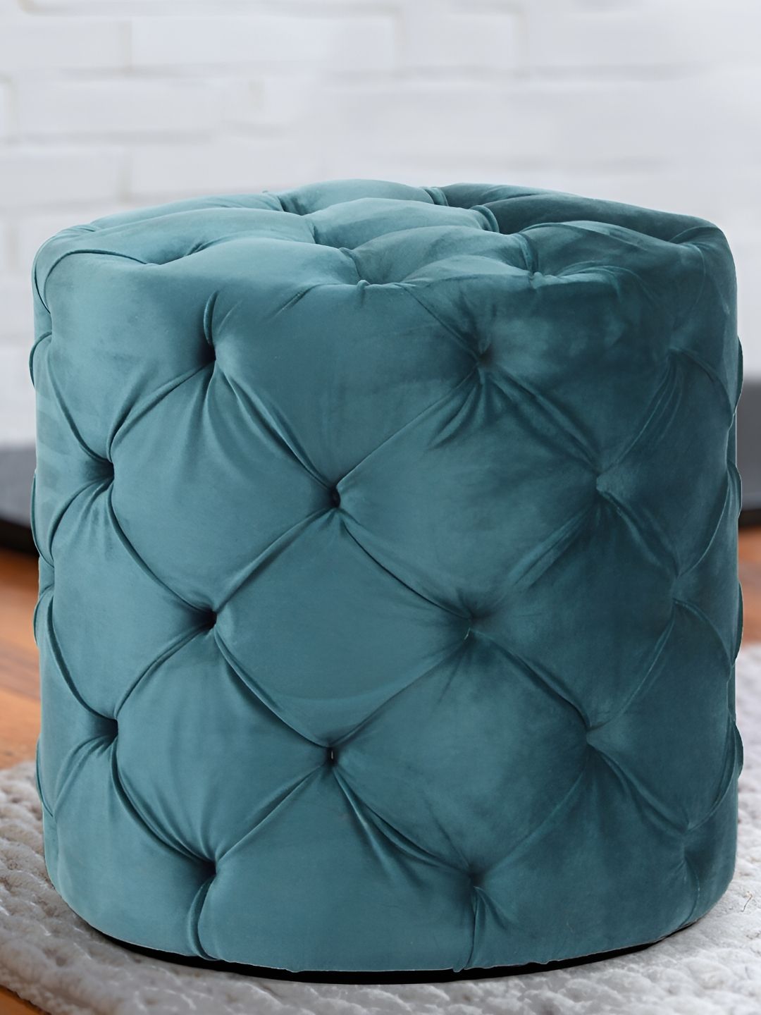 Ikiriya Green Quilted Dallas Wooden Cylindrical Pouffe Ottoman-image-15