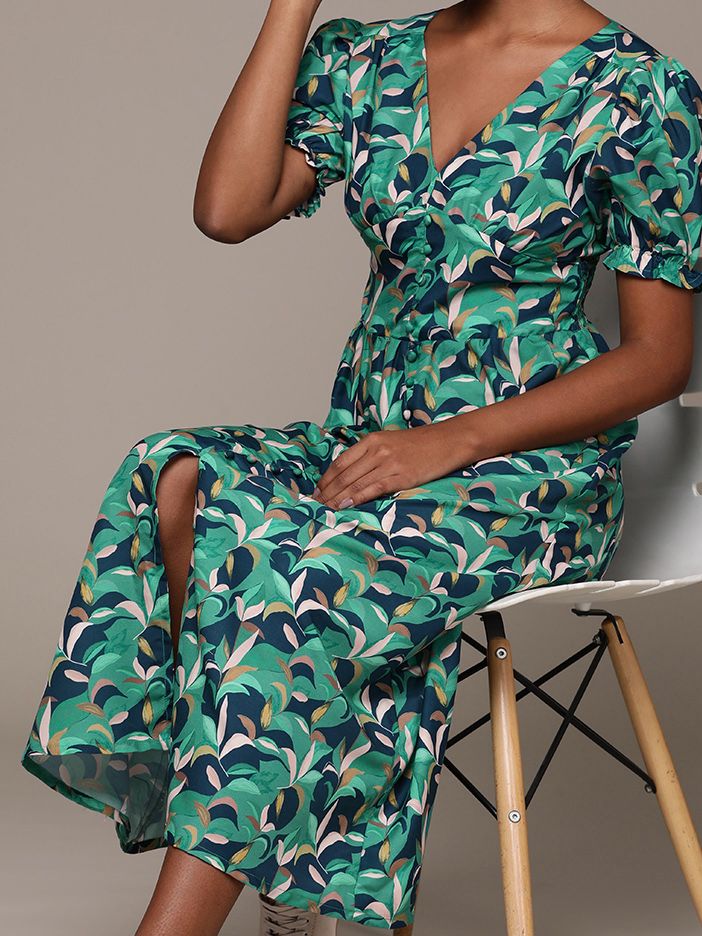 Tropical Print Puff Sleeves Georgette A-Line Dress