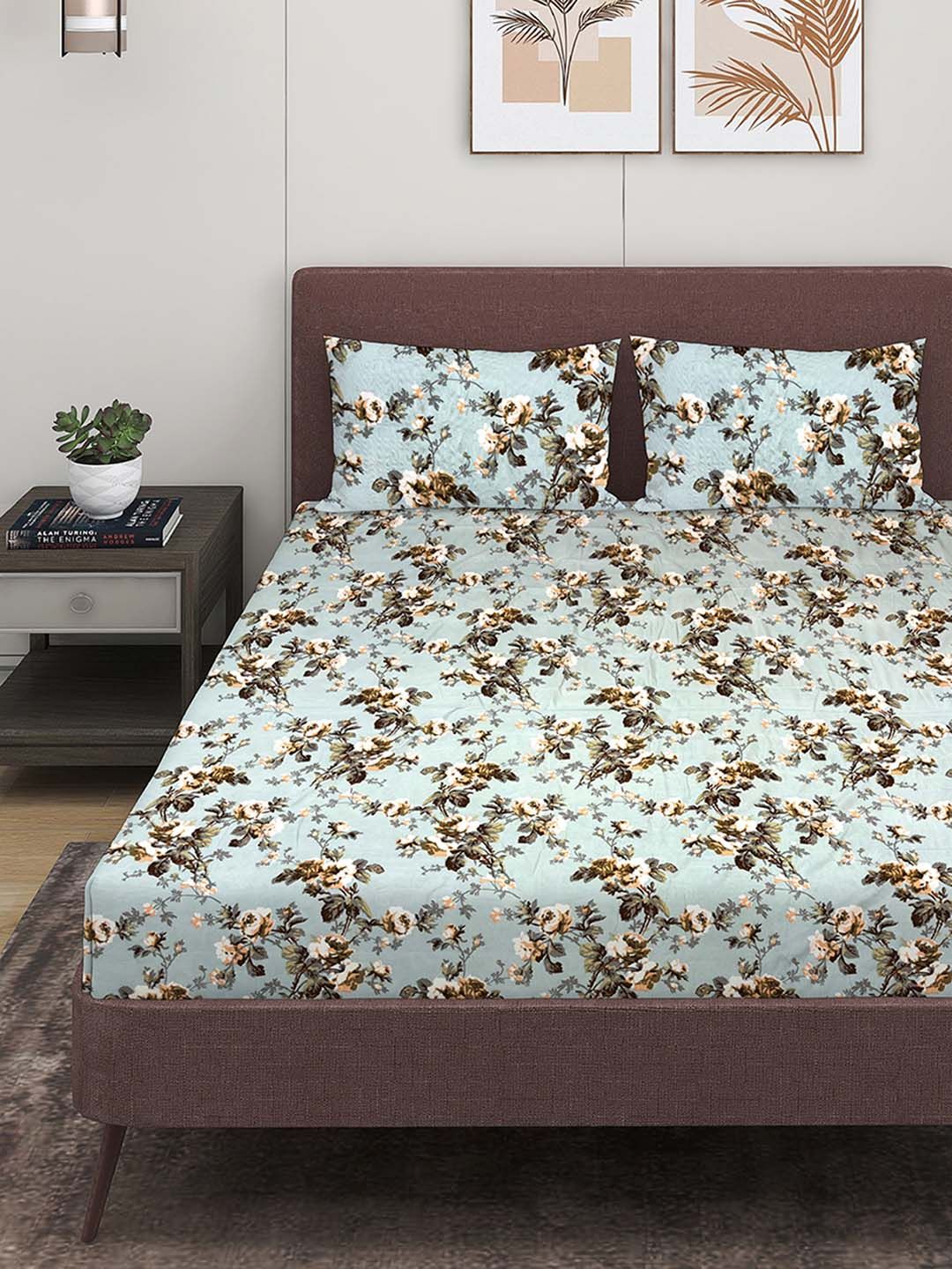 ROMEE Blue & Green Floral 150 TC Queen Bedsheet with 2 Pillow Covers-picture-24