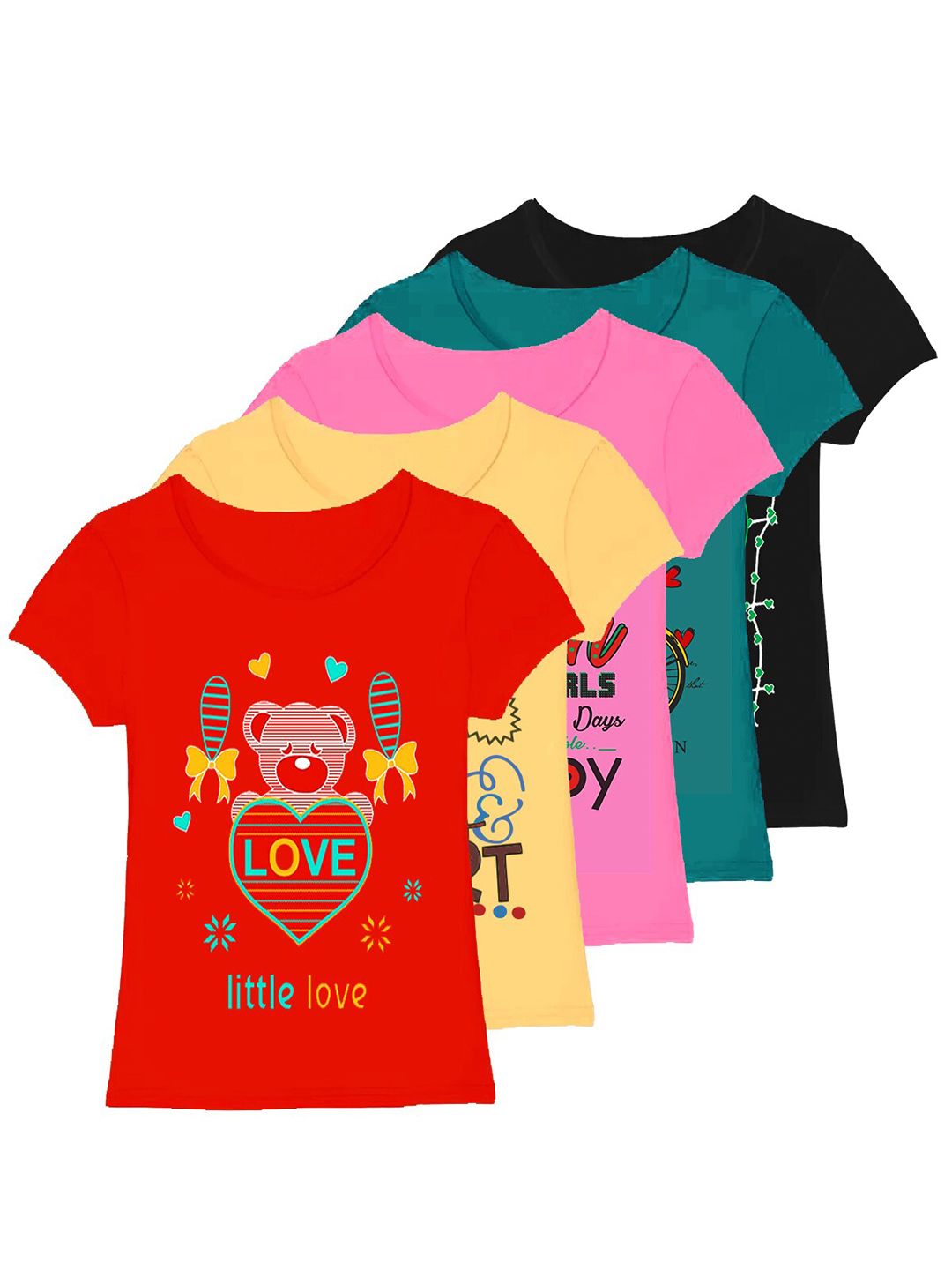 CoolTees4U Girls Pack Of 5 Printed Cotton Round Neck Cap Sleeves Applique T-shirts-image-3