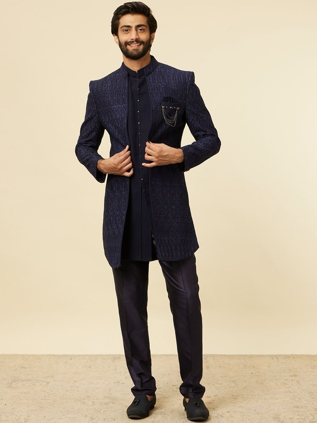 Manyavar Embroidered Mandarin Collar Georgette Sherwani Set-picture-34