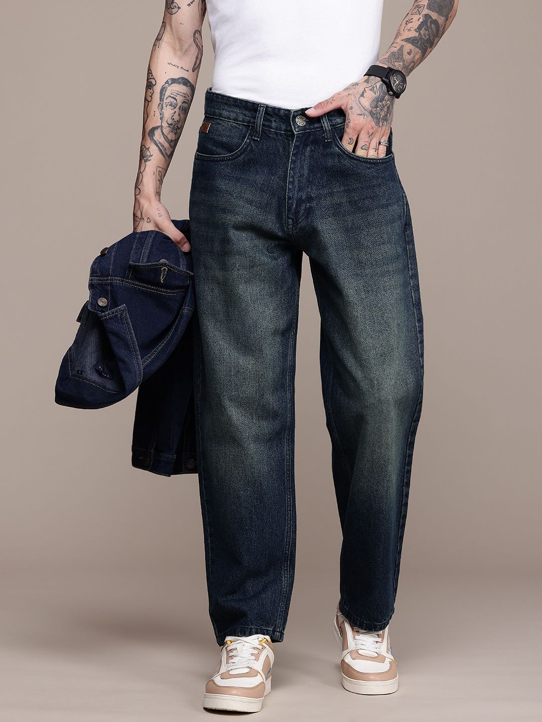 WROGN Men Pure Cotton Loose Fit Heavy Fade Jeans-picture-14
