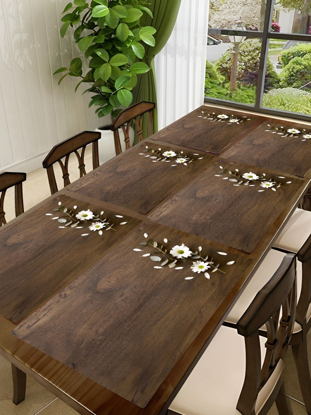 REVEXO Brown & White 6 Pieces Floral Printed Rectangular Table Placemats-picture-35