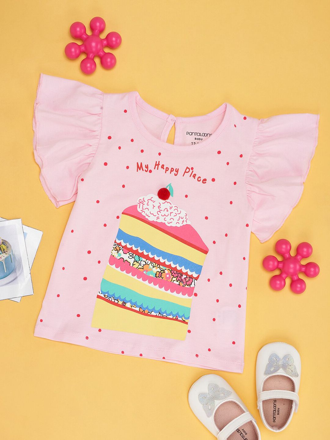 Pantaloons Baby Girls Infants Graphic Printed Flutter Sleeves Cotton Top