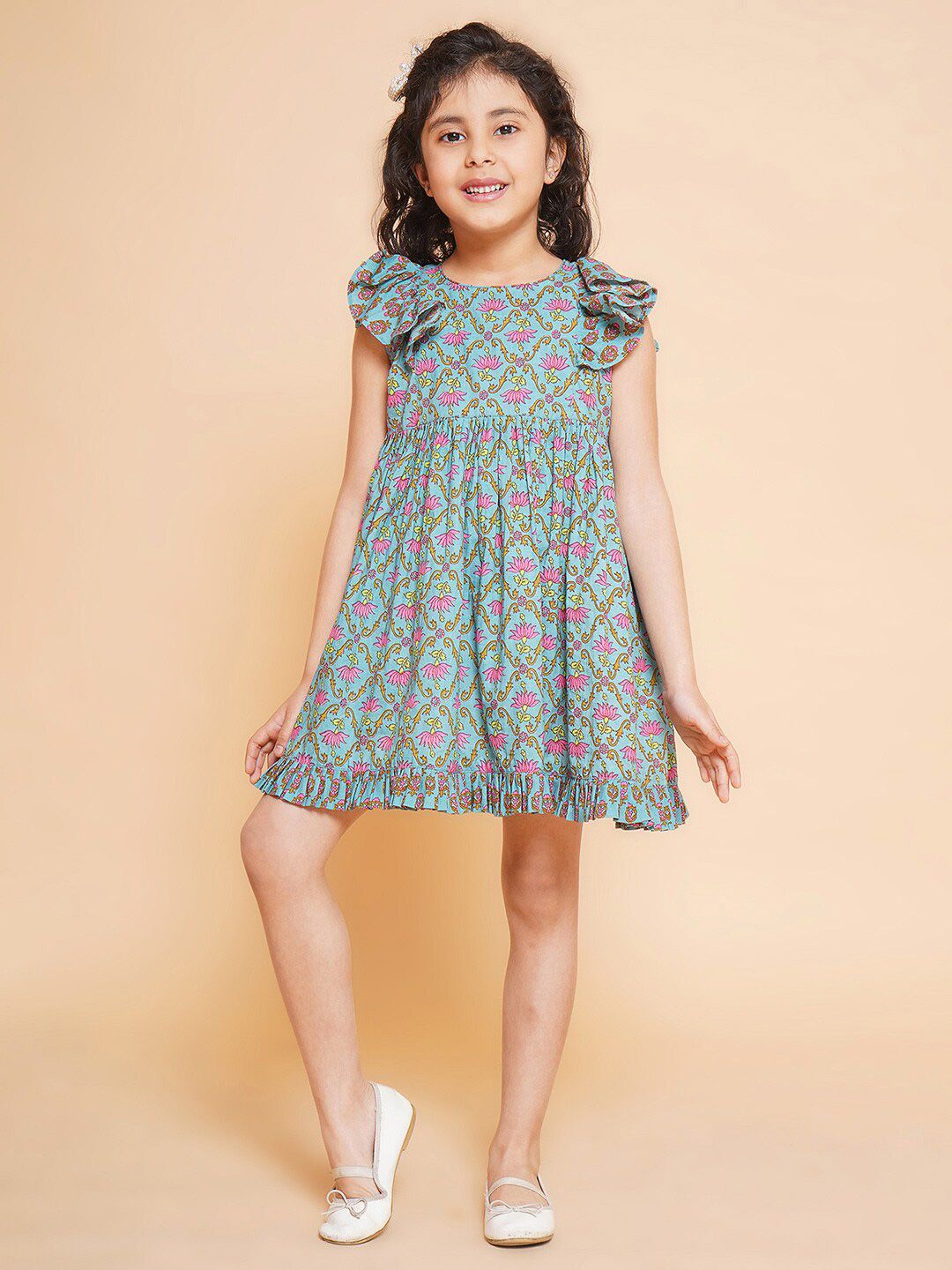 Little Bansi Girls Floral Printed Flutter Sleeve Fit & Flare Dress-picture-18