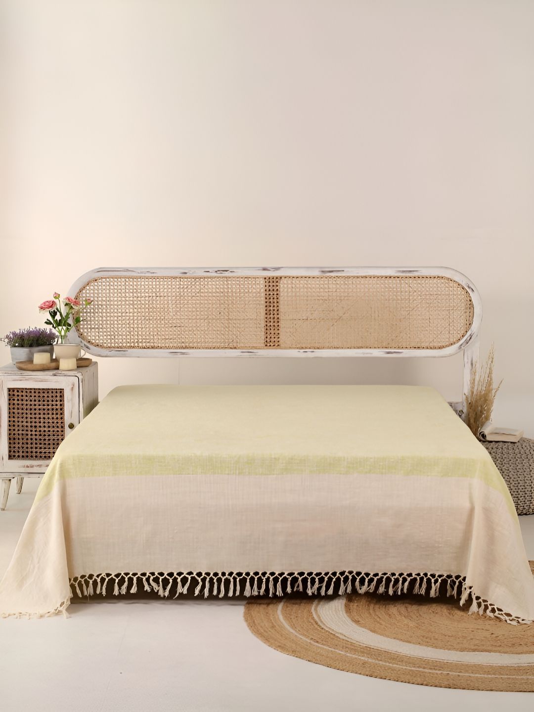 Peepul Tree Beige & Green Colorblocked 240TC Cotton Queen Bed Cover-image-5