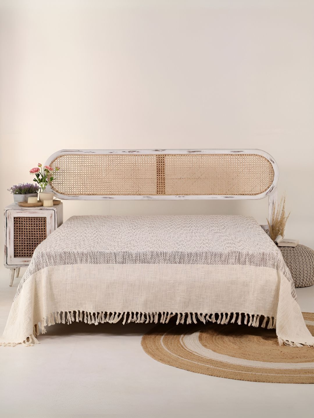 Peepul Tree Off White Printed Cotton 240 TC Double Queen Bed Covers-image-9