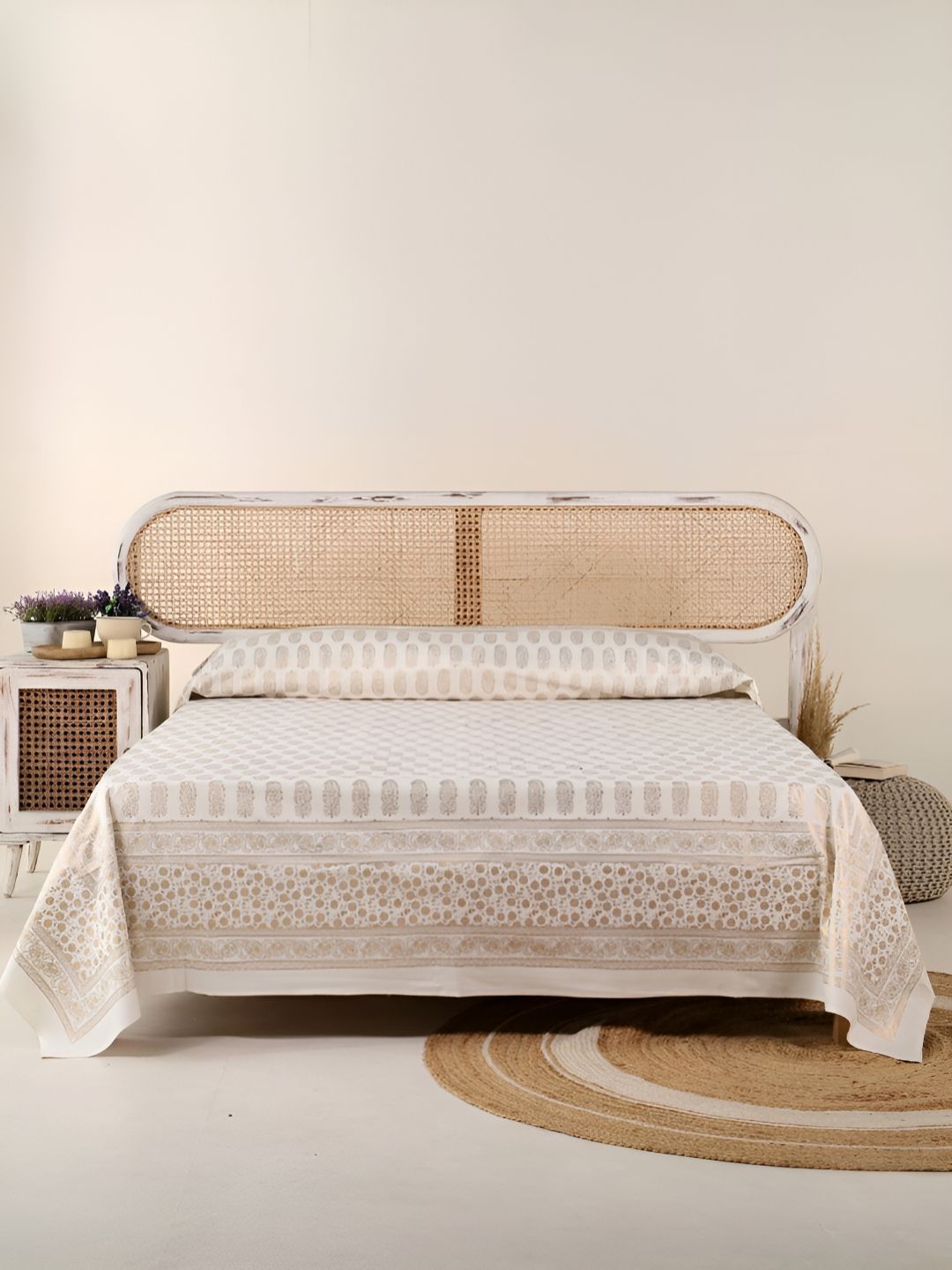 Peepul Tree Off White Printed Cotton 240 TC Double King Bed Covers-image-25
