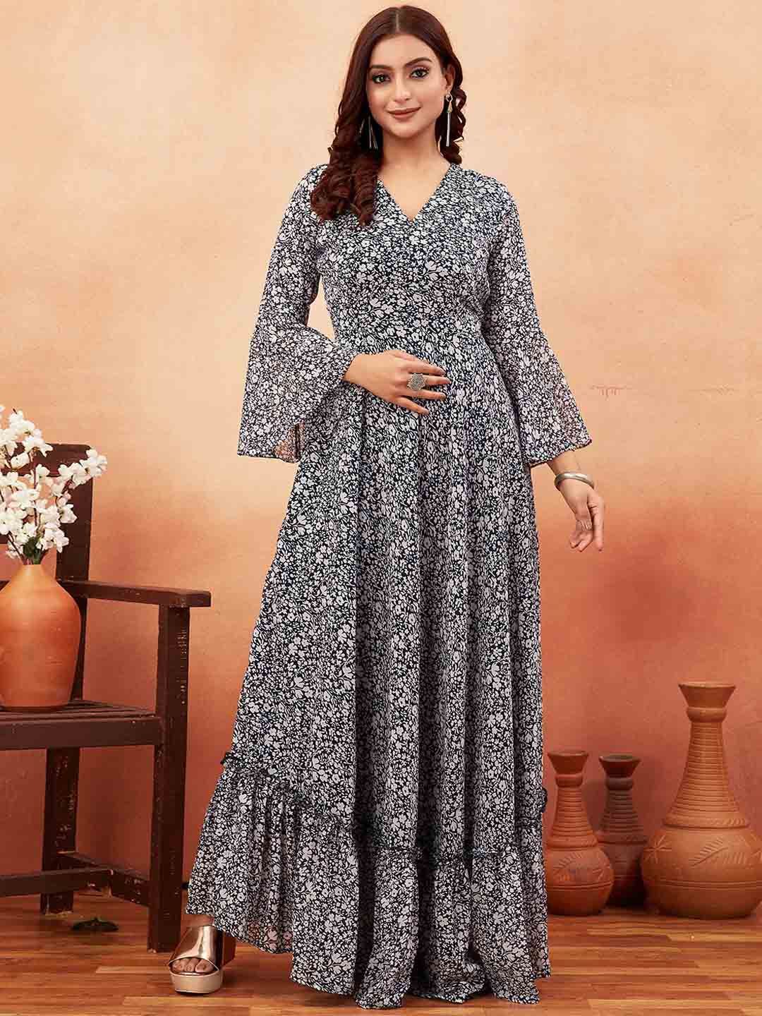 ODD BY chansi TRENDZ Floral Printed V-Neck Fit & Flare Georgette Ethnic Dresses-picture-32